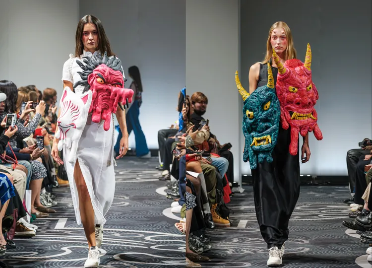 運用布料與紙等不同技藝拼成的鬼面具，隱約有APUJAN的墨流形狀。品牌提供