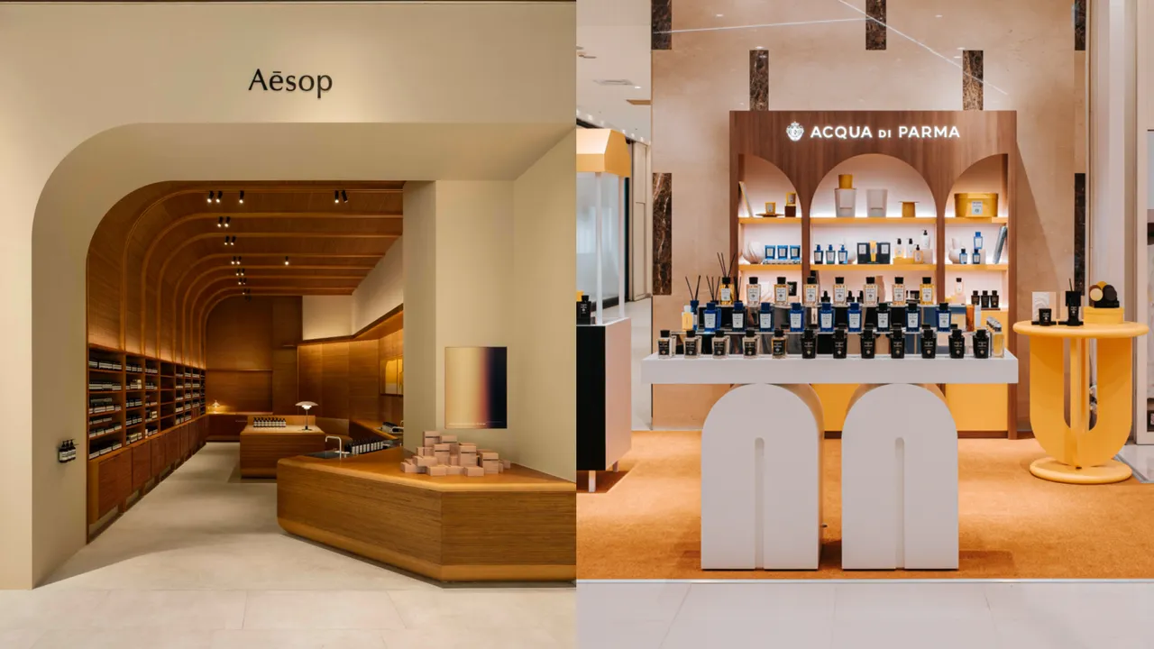 Aesop(左圖)在台南新光三越小北門店開設新據點、Acqua di Parma(右圖)也首度進駐高雄漢神巨蛋。品牌提供