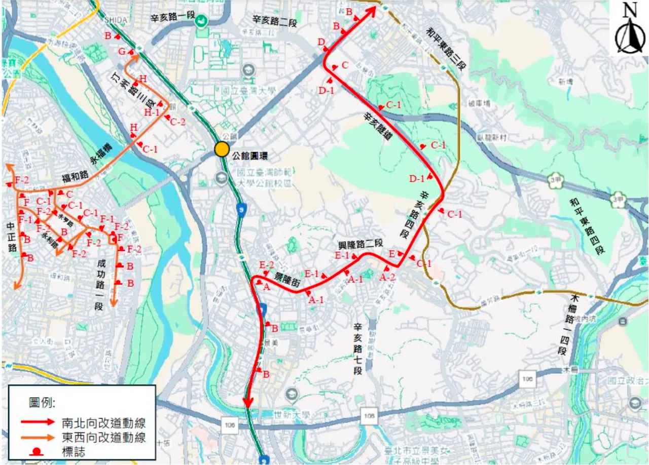 公馆圆环第一阶段施工,公车将改至平面道路,提醒民众提前规划路线。台北市交通局提供