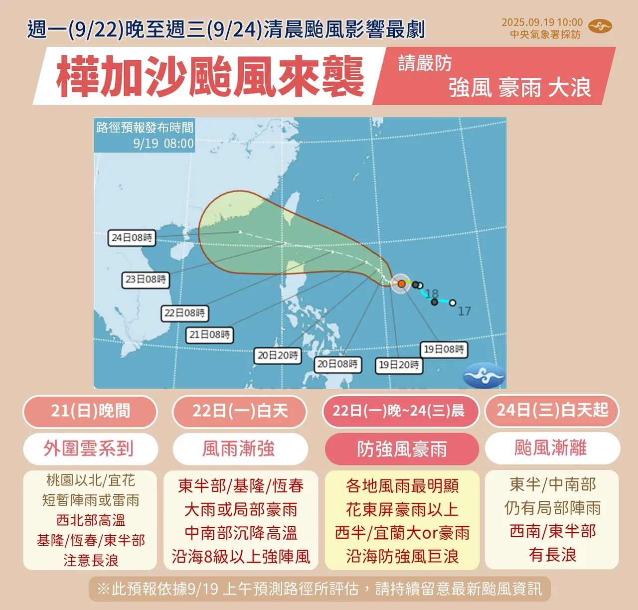 台风桦加沙持续增强,预估下周一至三影响台湾最明显。中央气象署提供