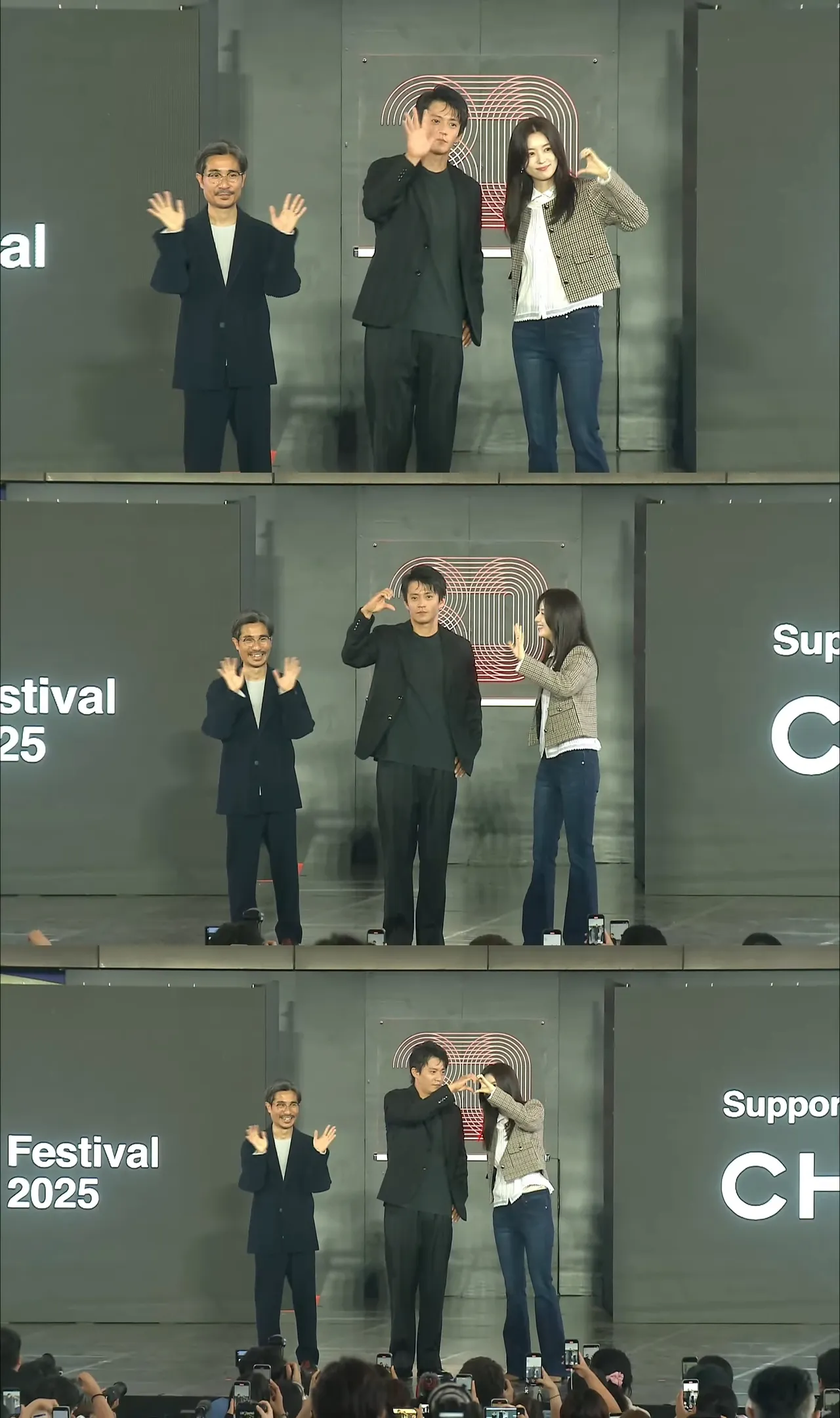 韩孝周(上图右)宠粉对粉丝比出半边爱心,小栗旬看完也跟著比,还一起合比爱心。翻摄BIFF YouTube