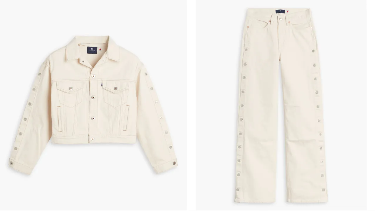 Levi’s® Blue Tab 象牙白排扣夹克外套(左)9900元、象牙白排扣长裤(右)7090元。品牌提供