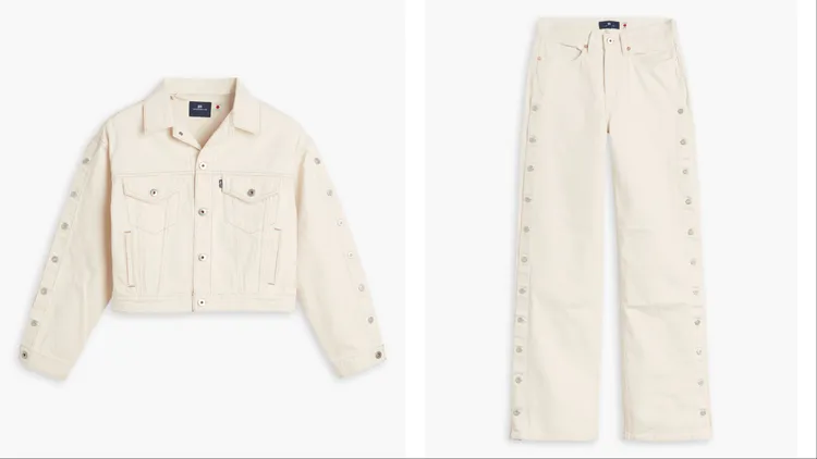 Levi’s® Blue Tab 象牙白排釦夾克外套（左）9900元、象牙白排釦長褲（右）7090元。品牌提供