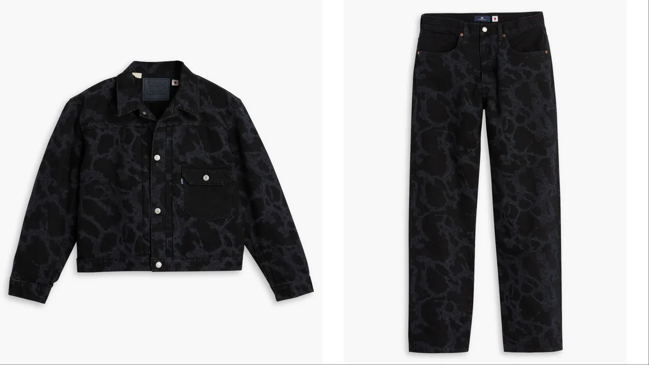 Levi’s® Blue Tab Type I满版刺绣夹克外套(左)1万3900元、MARKER满版刺绣宽管丹宁裤(右)1万1900元。品牌提供