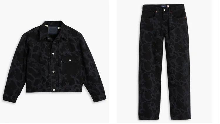 Levi’s® Blue Tab Type I滿版刺繡夾克外套（左）1萬3900元、MARKER滿版刺繡寬管丹寧褲（右）1萬1900元。品牌提供