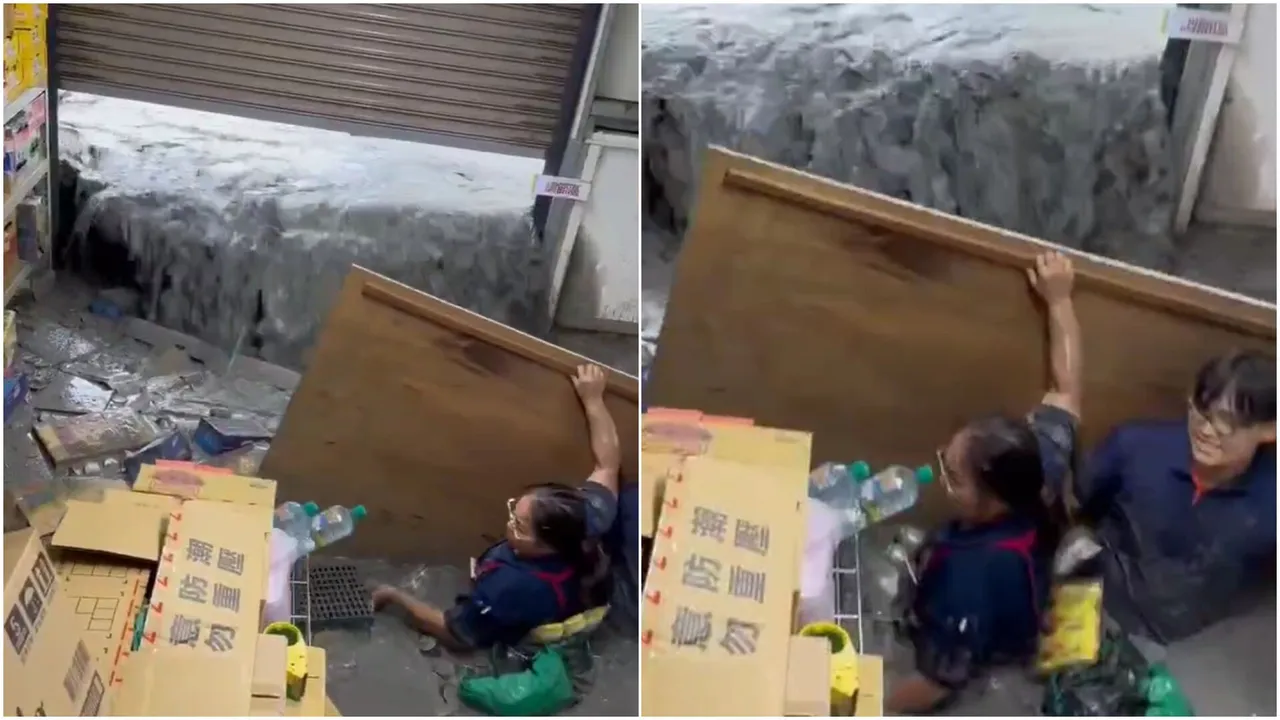 洪水灌進全聯,員工肉身扛板擋洪流。翻攝畫面