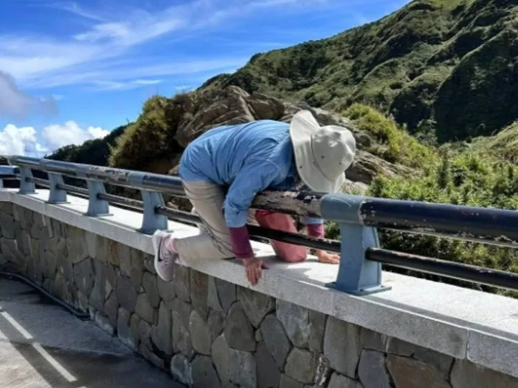 藍衣大媽跨越護欄被路人拍下。翻攝爆料公社