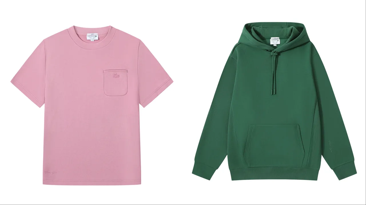 「LACOSTE from yibo」2025秋冬联名系列短袖T恤(左)2980元、帽T(右)6580元。品牌提供