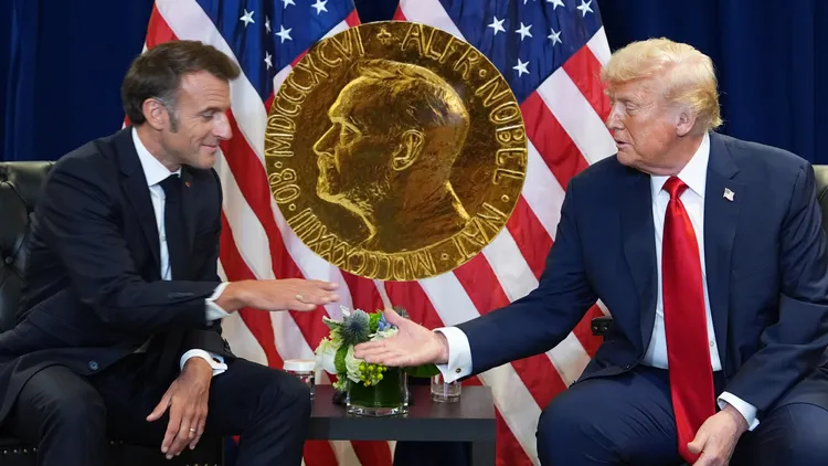 法國總統馬克宏（左）先前表示，美國總統川普只有結束加薩衝突，才可能得諾貝爾和平獎。合成畫面。圖中為諾貝爾和平獎獎章。美聯社