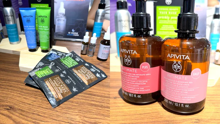 希臘高山茶保濕噴霧（100ml／450元）、仙人掌滋潤面膜（8ml*12／1360元）、星晨花提亮保濕面膜（8ml*12／980元）、私密保養潔膚露（300ml／580元、加強呵護配方680元）。張家玲攝