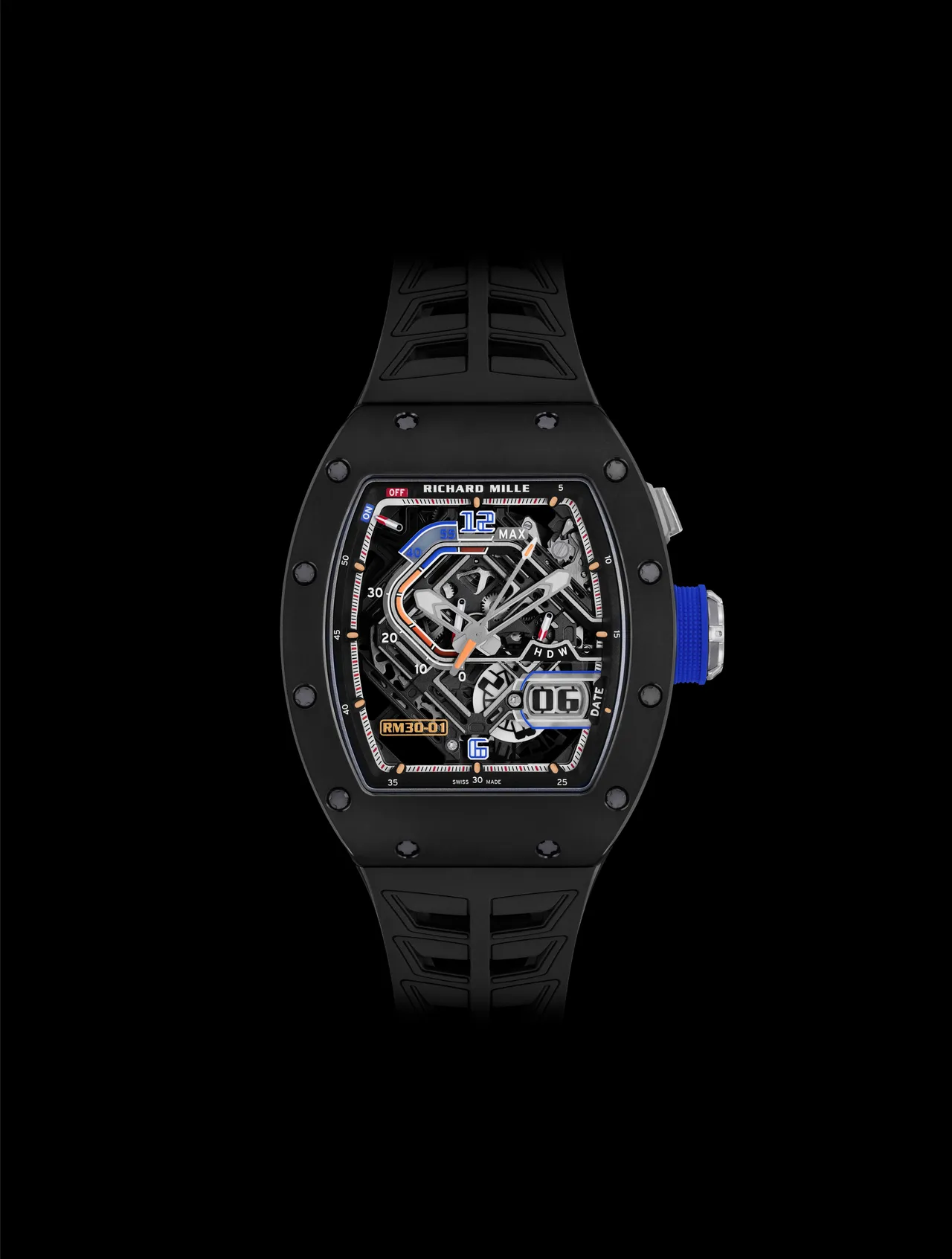 Richard Mille RM 30-01離合擺陀自動上鍊腕錶,42*49.94mm,黑陶瓷錶殼,藍寶石水晶玻璃錶盤,RMAR2鏤空自動上鍊機芯,動力儲存約55小時,防水深度50米。品牌提供