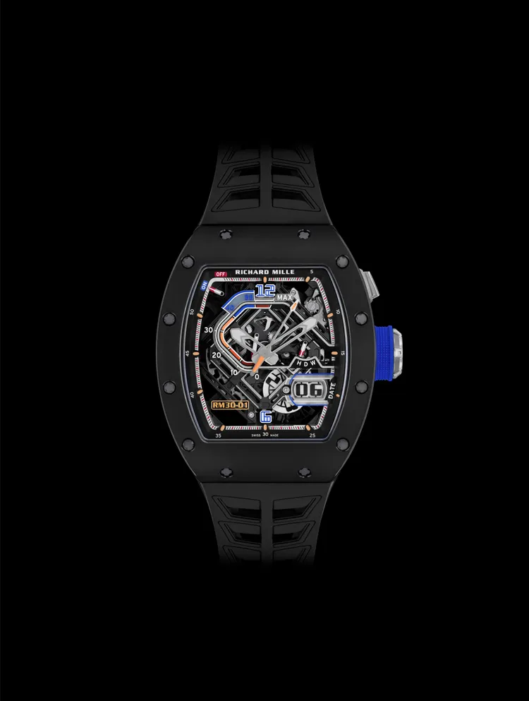 Richard Mille RM 30-01離合擺陀自動上鍊腕錶，42*49.94mm，黑陶瓷錶殼，藍寶石水晶玻璃錶盤，RMAR2鏤空自動上鍊機芯，動力儲存約55小時，防水深度50米。品牌提供