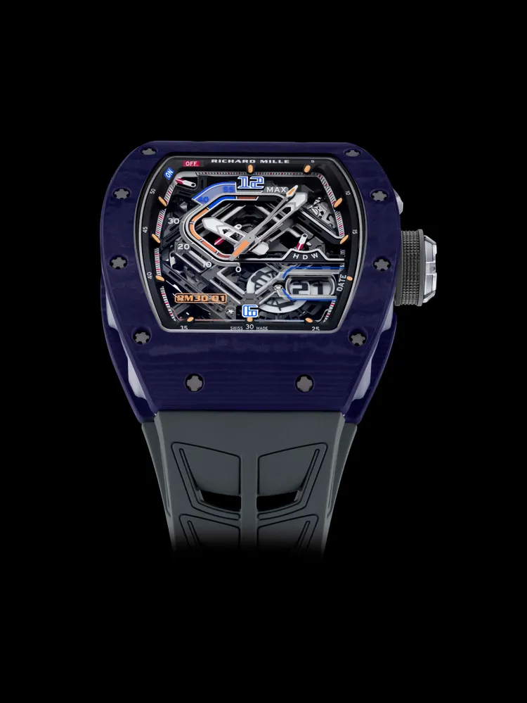 Richard Mille RM 30-01離合擺陀自動上鍊腕錶，42*49.94mm，深藍色Quartz TPT石英纖維錶殼，藍寶石水晶玻璃錶盤，RMAR2鏤空自動上鍊機芯，動力儲存約55小時，防水深度50米。品牌提供