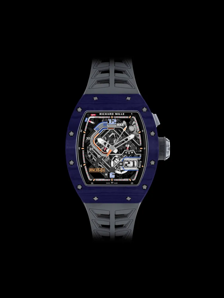 Richard Mille RM 30-01離合擺陀自動上鍊腕錶，42*49.94mm，深藍色Quartz TPT石英纖維錶殼，藍寶石水晶玻璃錶盤，RMAR2鏤空自動上鍊機芯，動力儲存約55小時，防水深度50米。品牌提供