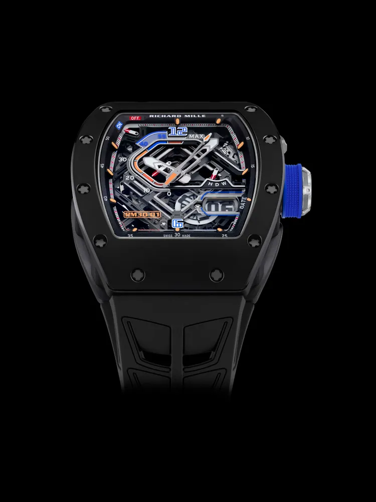 Richard Mille RM 30-01離合擺陀自動上鍊腕錶，42*49.94mm，黑陶瓷錶殼，藍寶石水晶玻璃錶盤，RMAR2鏤空自動上鍊機芯，動力儲存約55小時，防水深度50米。品牌提供