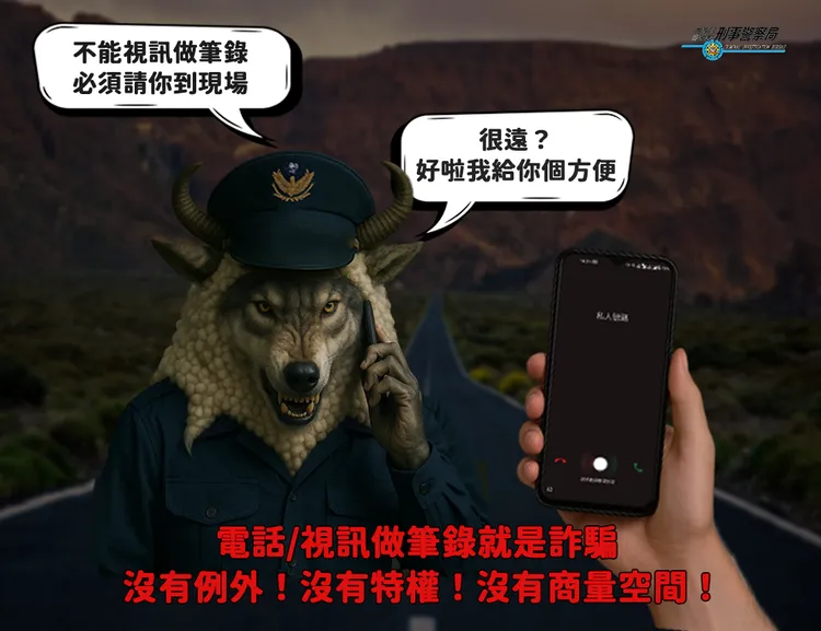詐團假冒警察以帳戶觸法為由軟硬兼施，「破例」為行動不便的長者做電話筆錄，讓被害人誤信為真警察而匯出款項。警方提供