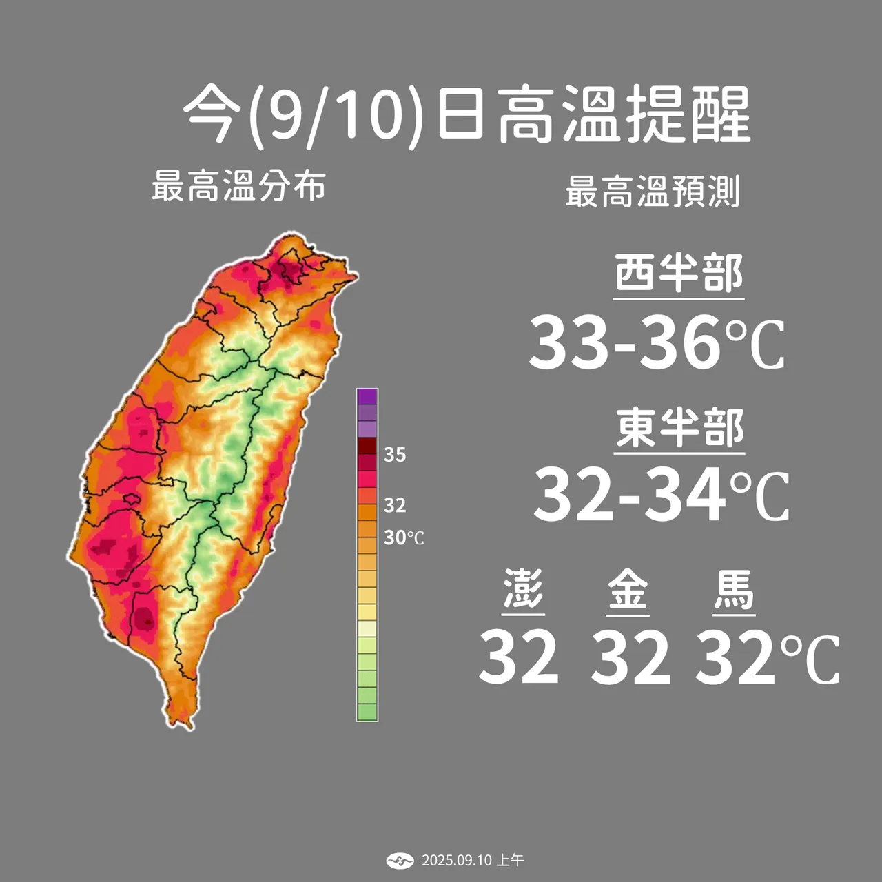 今日高温。气象署提供