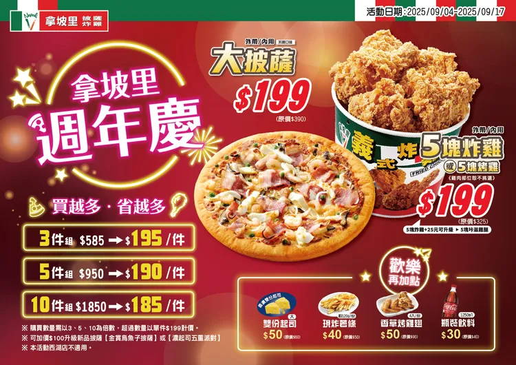 週年慶組合價優惠，換算下來平均每組最低185元。拿坡里披薩‧炸雞提供
