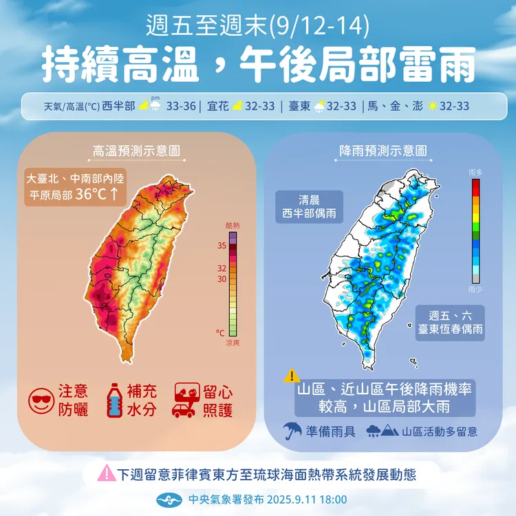 高溫伴隨雷雨的天氣將延續到周末。翻攝中央氣象署