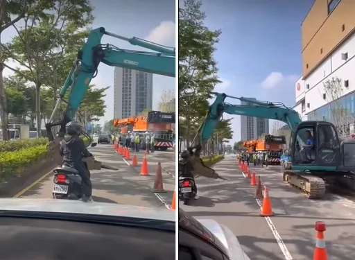 台中女騎士疑未遵守道路工地交管 怪手竟以挖斗擋道!警方要罰