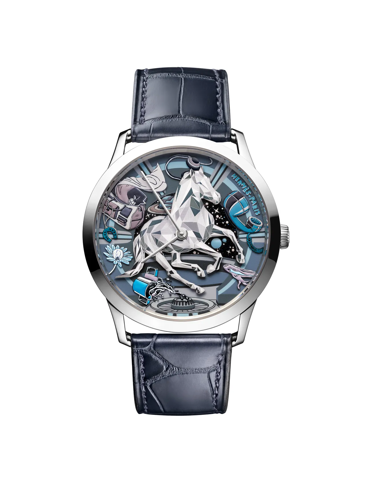 爱马仕Slim d'Hermès Faubourg of Dreams工艺腕表,39.5mm,白K金表壳,砂金石及蓝宝石水晶表盘,雾面短吻鳄鱼皮(石墨色或深海蓝色)表带,爱马仕自制H1950超薄自动上链机芯,动力储存 48小时,防水深度30米,限量 24 只。品牌提供