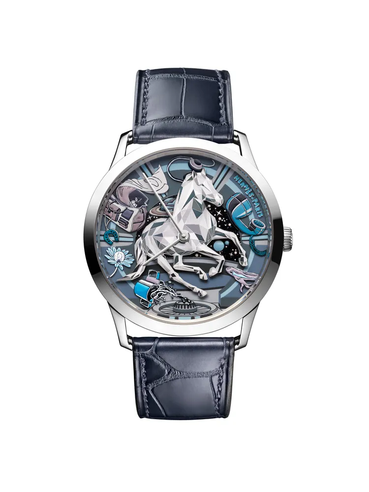 愛馬仕Slim d'Hermès Faubourg of Dreams工藝腕錶，39.5mm，白K金錶殼，砂金石及藍寶石水晶錶盤，霧面短吻鱷魚皮（石墨色或深海藍色）錶帶，愛馬仕自製H1950超薄自動上鍊機芯，動力儲存 48小時，防水深度30米，限量 24 只。品牌提供