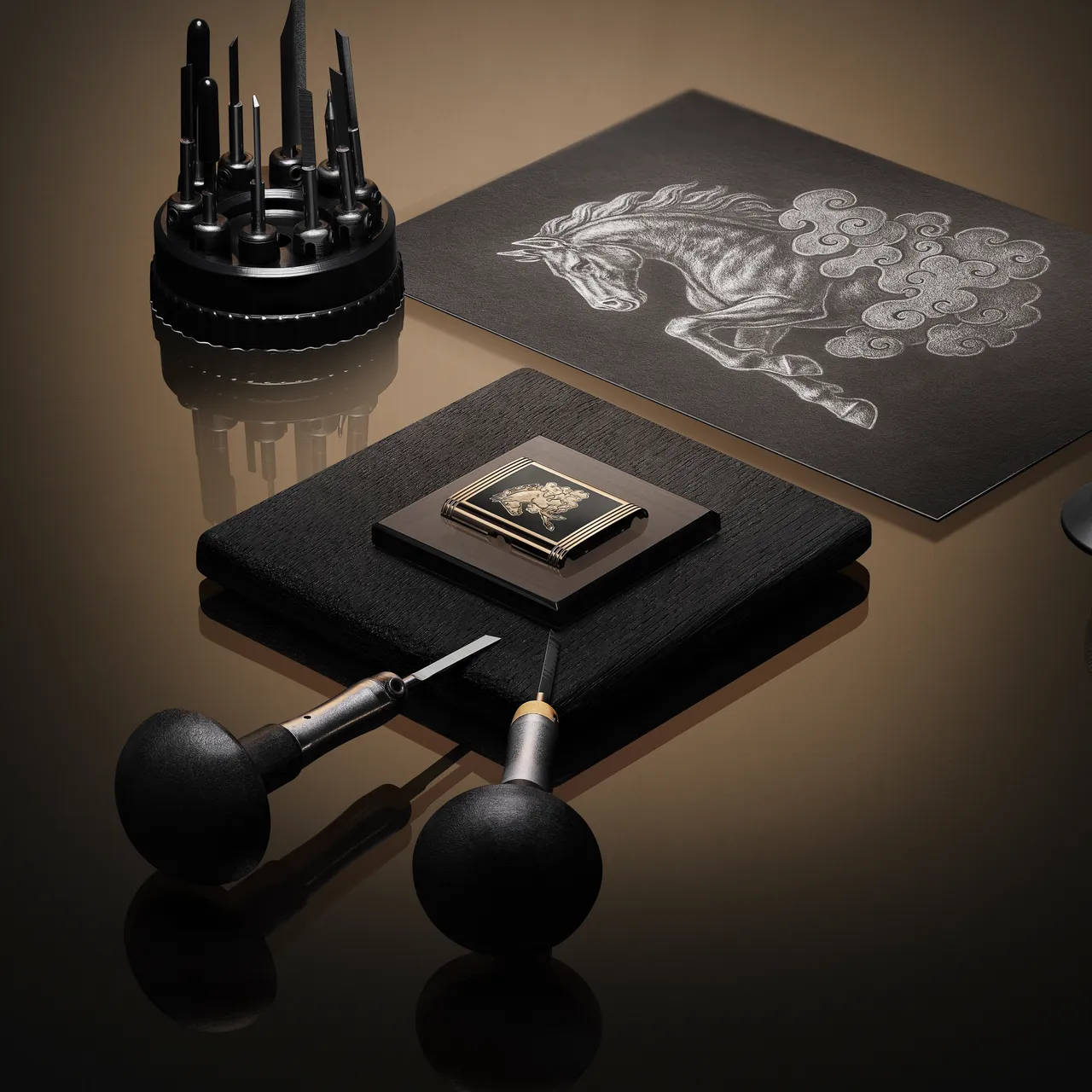 积家Reverso Tribute Enamel 'Horse' 翻转系列珐瑯腕表,45.6 x 27.4mm ,18K玫瑰金表壳 ,不透明黑色大明火珐瑯表盘 ,黑色鳄鱼皮表带 ,822 型手动上链机芯 ,动力储存42小时 ,防水深度30米 ,限量10只。品牌提供