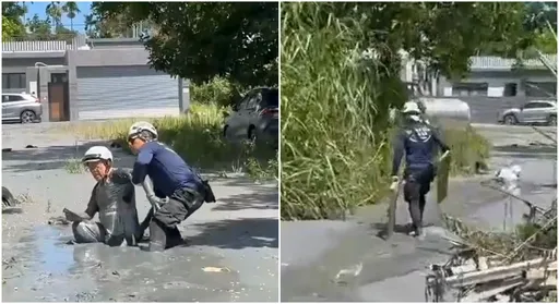 灾区黑泥寸步难行 救起阿北...才走2步又摔进泥浆 (影片)