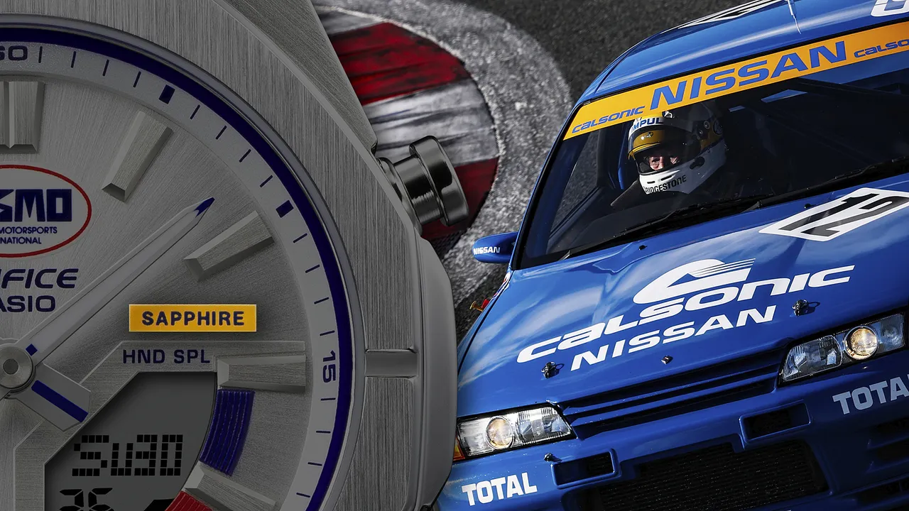 镜面点缀「SAPPHIRE」字样,其蓝色与字体设计呼应Calsonic Skyline R32 GT-R的挡风玻璃贴纸。品牌提供