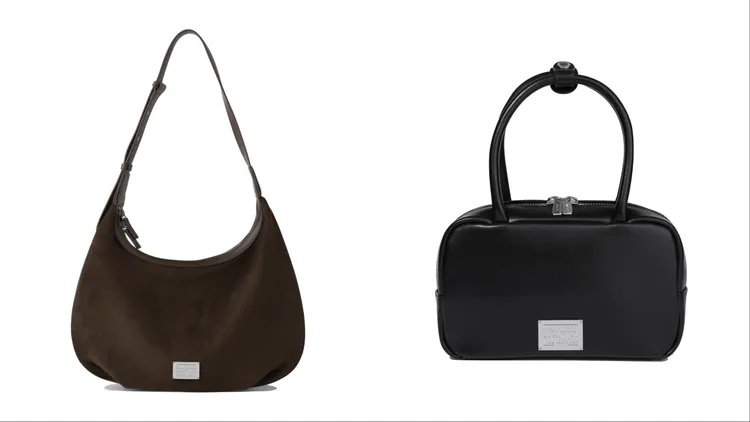 Marithé Francois Girbaud經典logo麂皮半月肩背包（左）3890元、經典LOGO迷你方包（右）3690元。品牌提供