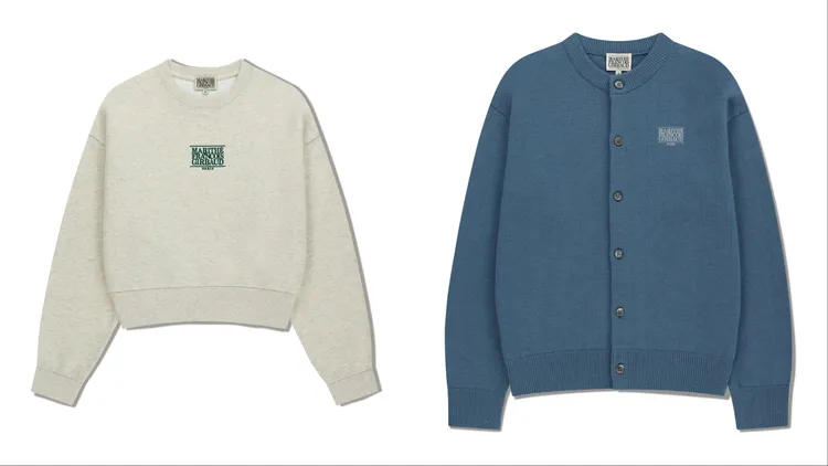 Marithé Francois Girbaud經典女版小LOGO短版大學T（左）2590元、經典百搭圓領針織上衣（右）4990元。品牌提供