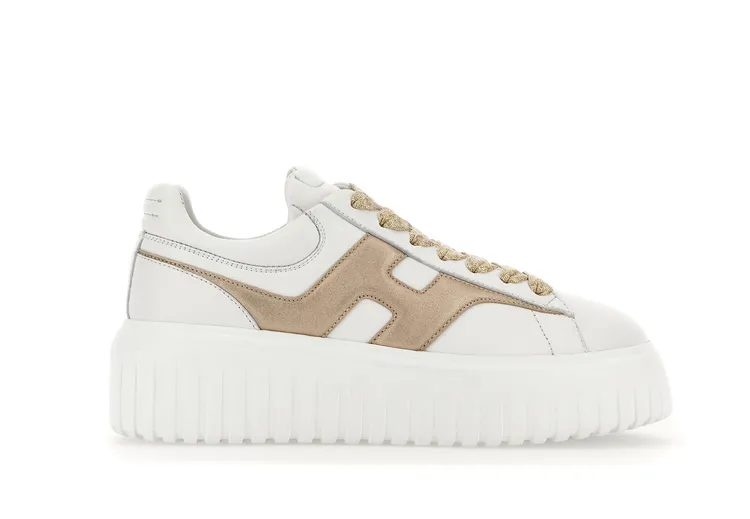 H-Stripes白色拼接香檳金logo皮革女士休閒鞋(台灣限定色)，2萬3300元。品牌提供