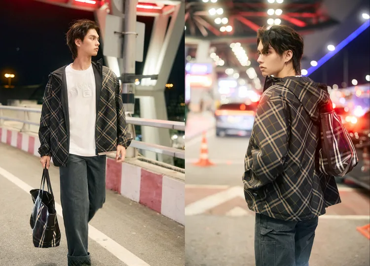 泰國男星Bright Vachirawit換上格紋連帽外套展現潮流休閒風格。品牌提供