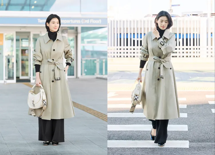 韓國女星鄭恩彩身著羽米色Ellingham修身寬襬輕便大衣，搭配皂白色小型B Clip信差包款。品牌提供