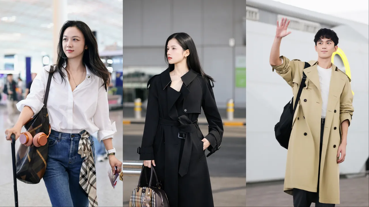 湯唯(左起)張婧儀、吳磊準備飛往倫敦參加BURBERRY大秀。品牌提供