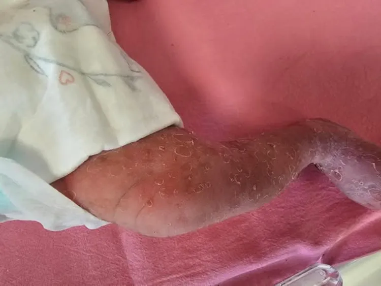 剛出生的女嬰活動力正常，但全身卻佈滿小水泡般的紅疹，經檢查後，確診罹患罕病「色素失調症」。亞大附醫提供