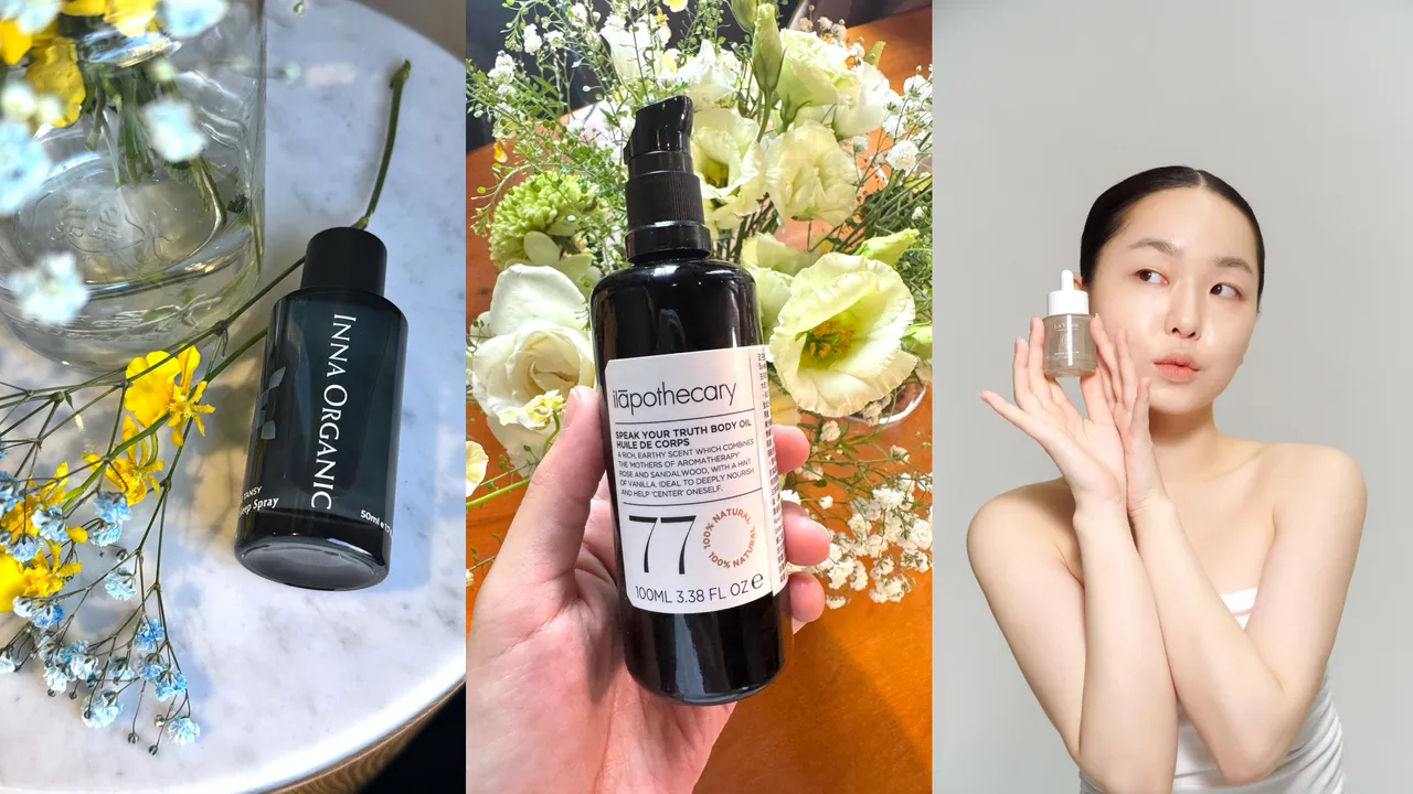 童顏有機(左起)、英草社、La Vinée推出與情緒相關的美妝新品。張家玲攝、品牌提供