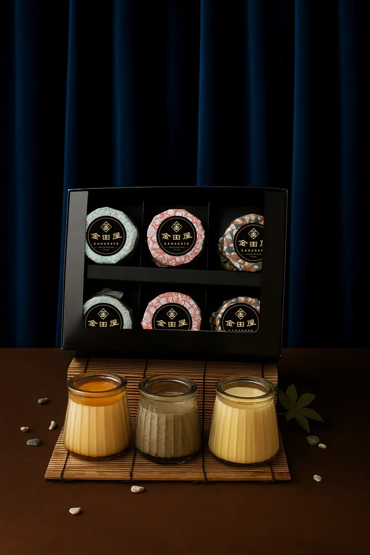 「昭和三韻」布丁禮盒能嚐到日式昭和、昭和芒果、濃醇芝麻布丁3種風味。金田屋提供