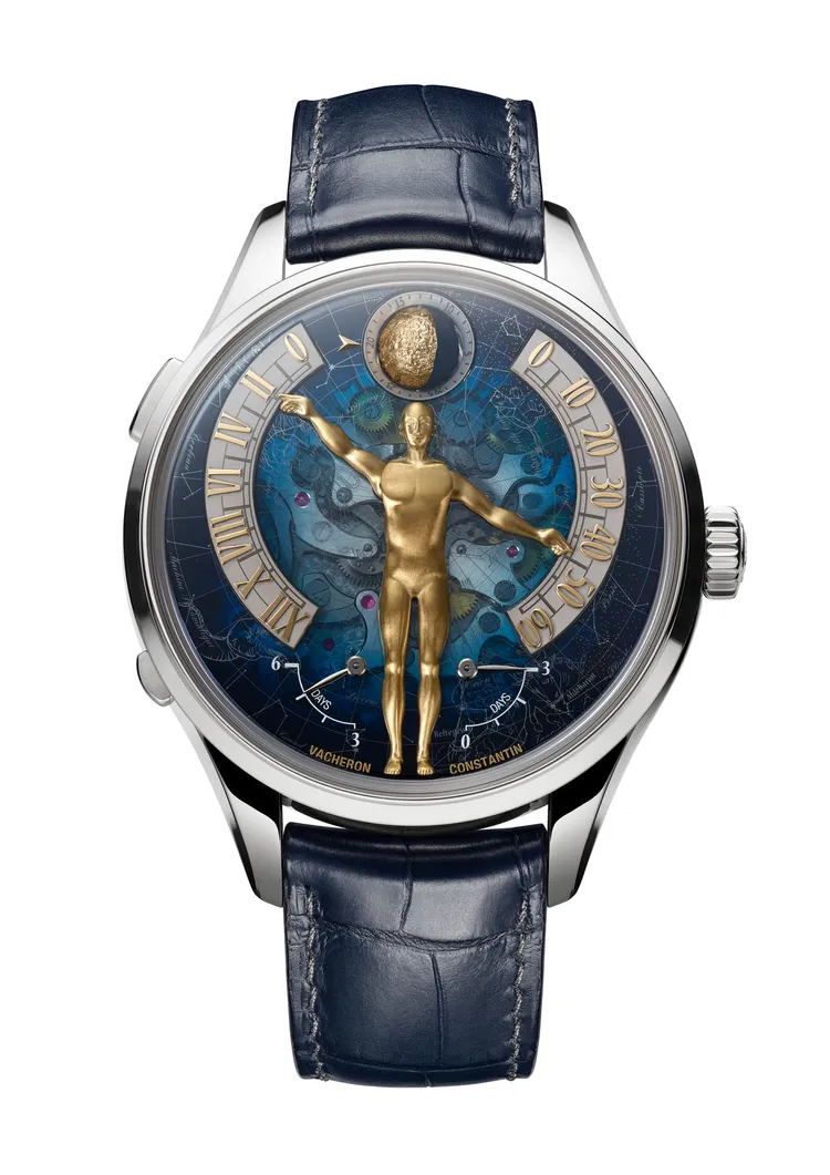 江詩丹頓Métiers d'Art藝術大師系列Tribute to The Quest of Time腕錶，43mm，白金錶殼 。兩層藍寶石水晶圓盤錶盤（飾以金屬噴鍍星空圖與手工雕刻鈦金屬人偶 ），3670手動上鍊機芯，動力儲存6天，限量20只。品牌提供