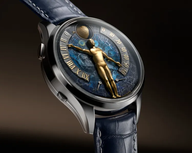 江詩丹頓Métiers d'Art藝術大師系列Tribute to The Quest of Time腕錶，43mm，白金錶殼 。兩層藍寶石水晶圓盤錶盤（飾以金屬噴鍍星空圖與手工雕刻鈦金屬人偶 ），3670手動上鍊機芯，動力儲存6天，限量20只。品牌提供