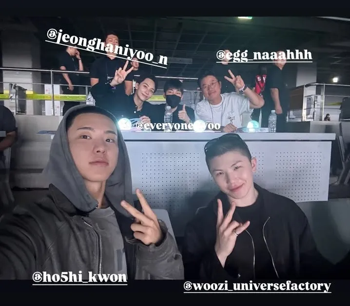 淨漢（後排左起）、圓佑、羅PD、HOSHI（前排左）、WOOZI今晚現身觀眾席力挺。翻攝HOSHI IG