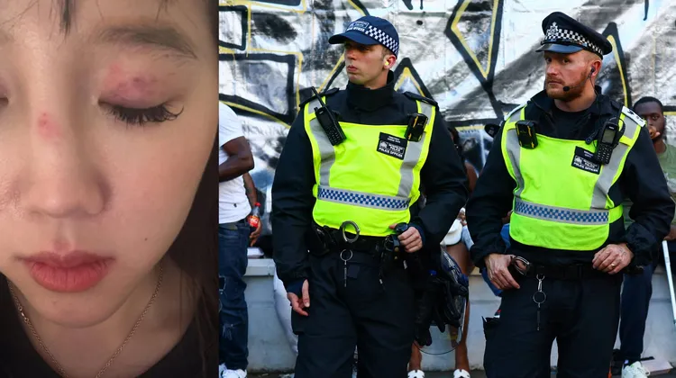 台灣正妹（左圖，翻攝threads）遭4白女毆打，向警方報案卻被告知5天後再作筆錄。右圖，倫敦警察（非當事警察）。路透社資料照片