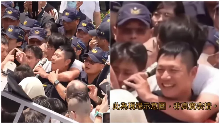 黃國昌與警方爆發肢體衝突時被質疑對中正一督察組長勒頸（左圖，翻攝自柯文哲YT），但現場畫面疑似遭AI變造，警方還笑得很燦爛（右圖，翻攝自林士峰臉書）。