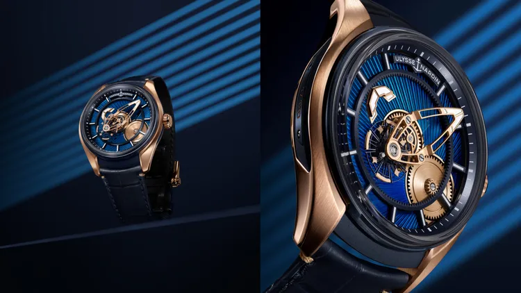 雅典錶FREAK Ｘ玫瑰金琺瑯腕錶，限量120只，147萬7000元。品牌提供