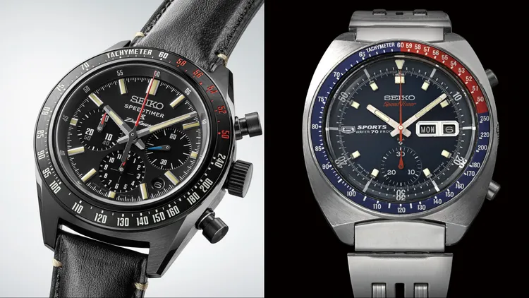 SRQ057J1（左）外型設計以致敬1969年原版Speedtimer（右）的設計為靈感。品牌提供