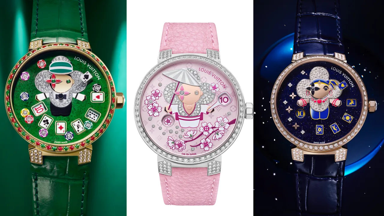 Tambour Slim Vivienne Jumping Hours赌城风云款(左起)、樱花款、塔罗牌师款,各354万元。品牌提供