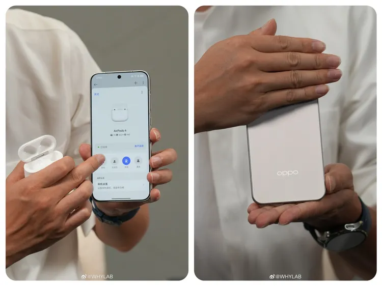 OPPO Find系列產品負責人周意保現場示範支援Apple生態，Find X9成功與AirPods 4配對使用，強調跨平台連線體驗。WHYLAB微博