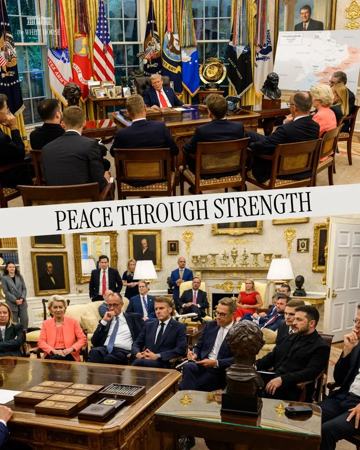 美国总统川普(上图中)在白宫办公室接见欧盟领袖等人。翻摄X@whitehouse
