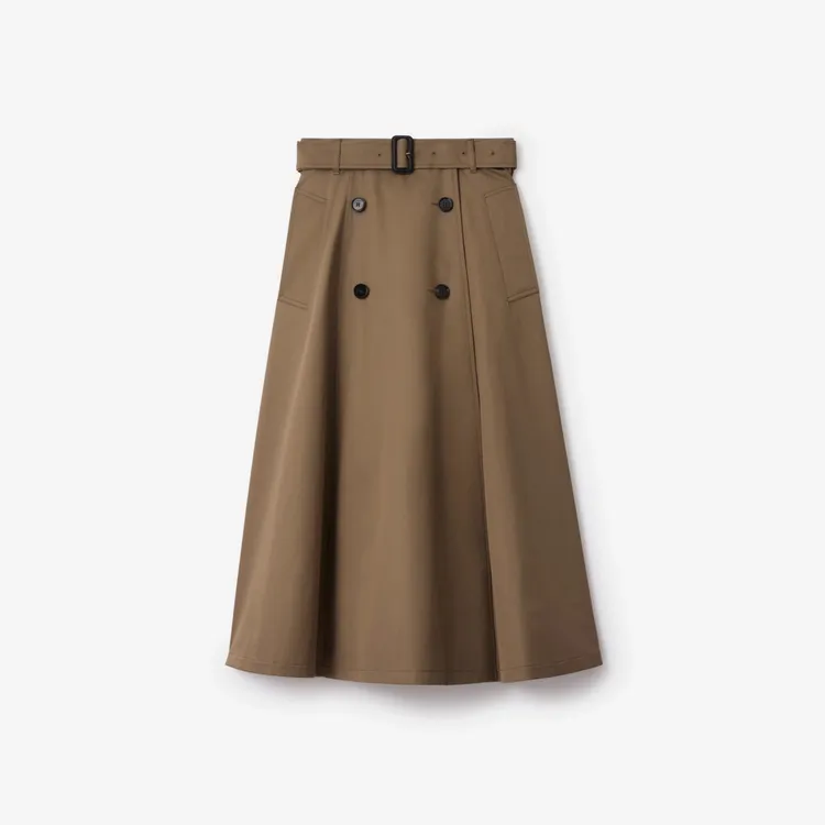 BURBERRY土褐棕Gabardine風衣式中長裙，4萬9900元。品牌提供