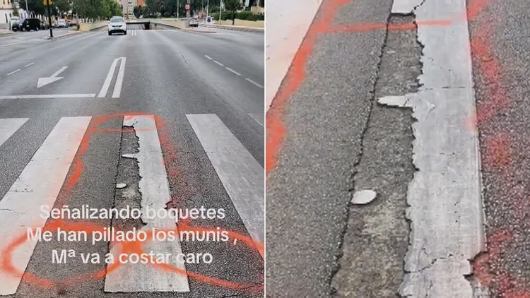 西班牙馬拉加居民里奇，為了逼迫地方政府修補斑馬線坑洞，於是在坑洞處塗鴉生殖器。翻攝自TikTok
